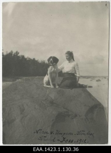 Nora von Ungern-Sternberg istumas koos koeraga mererannas suurel kivil. 1912