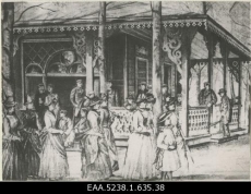 Tartu vaateid 1885. a. R. von Zur-Mühlenilt
Tartu vaade, esiplaanil kõndimas tänaval grupp naisi, taustal ühe baltisaksa korporatsiooni liikmed, repro Julius Rudolf von zur Mühleni litograafiast 