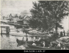 Tartu vaateid 1885. a. R. von Zur-Mühlenilt
Vaade paatidega jõel sõitvatele meestele, repro Julius Rudolf von zur Mühleni litograafiast