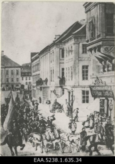 Tartu suurturg, esiplaanil ühe baltisaksa korporatsiooni rongkäik, repro Julius Rudolf von zur Mühleni litosarjas Dorpater Skizzen olevast litograafiast