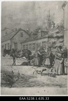 Vaade ühele Tartu tänavale ja inimestele, repro Julius Rudolf von zur Mühleni litosarjas Dorpater Skizzen olevast litograafiast 1885