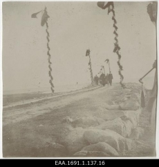 Merelt saabunud seltskond vanikute ja riigilippudega kaunistatud teel  (1920-ndad - 1930-ndad)