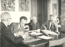 August Mälk, Raimond Kolk, Artur Adson, Karl Ristikivi Välismaise Eesti Kirjanike Liidu aastakoosolekul Stockholmis 1961. a