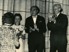 Kersti Merilaas, Linda Rummo, Voldemar Panso ja Karl Ader Kersti Merilaasi loomingulisel õhtul Kirjanike Majas 1963. aasta kevadel