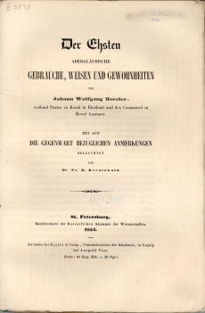 Boeckler, Johann Wolfgang, Der Ehsten Abergläubische Gebräuche, Weisen und Gewohnheiten, 1854 tiitelleht