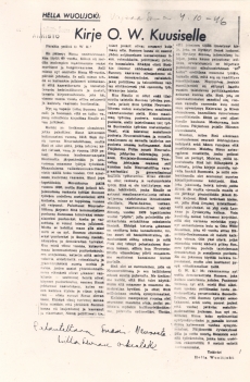 Hella Vuolijoki O. V. Kuusisselle. Vapaa Sana, 4.10.1946