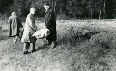H. Siimisker, R. Sirge ja V. Altoa August Toomingale riidevarustust viimas Rõngus, Koruste külas 18. okt. 1961
