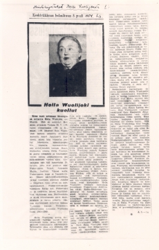 Hella Vuolijoki, tema kohta: "Hella Vuolijoki kuollut", A. L[aurila], "Suomen Sosialidemokraati" 3. II 1954