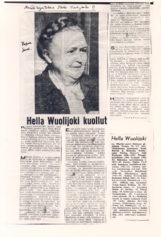 Hella Vuolijoki, tema kohta: J. Pennanen "Hella Vuolijoki kuollut", "Vapaa Sana" 3. II 1954