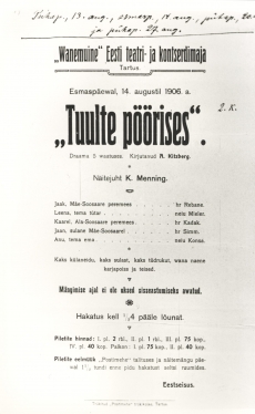 A. Kitzbergi "Tuulte pöörises" "Vanemuises". Kavaleht, 1906