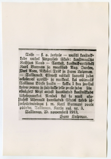 Hans Laipman "Kunstinäituste korraldamiseks". Päevaleht nr 271, 25. XI 1913, lk 2