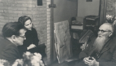 E. Peterson-Särgava vestlemas Kirjandusmuuseumi töötajate A. Vinkeli ja O. Niinemäega, 7. X 1957