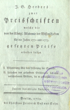 J. G. Herder, Zwei Preisschriften..., 1789