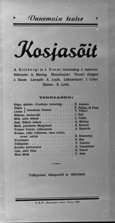 A. Kitzberg - J. Simm "Kosjasõit" "Vanemuises" 1938. a. Kava.